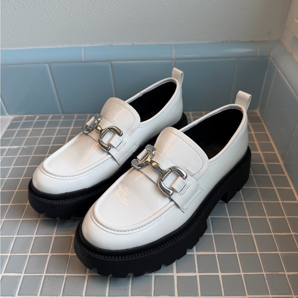 Steve Madden White Loafers with Silver Buckle